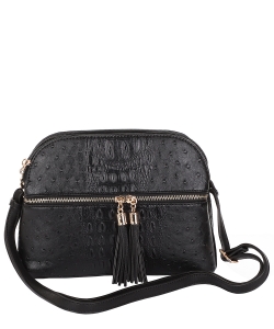 Ostrich Embossed Multi-Compartment Cross Body with Zip Tassel OS050 BLACk